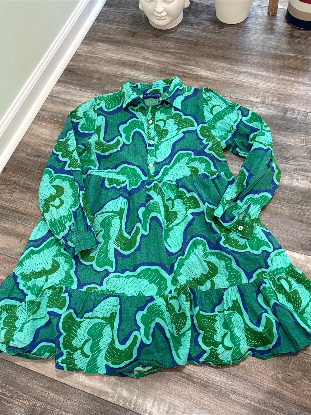 Ro's Garden Tuckernuck Romy Tiered Mini Shirt Dress Size S Green Blue Preppy